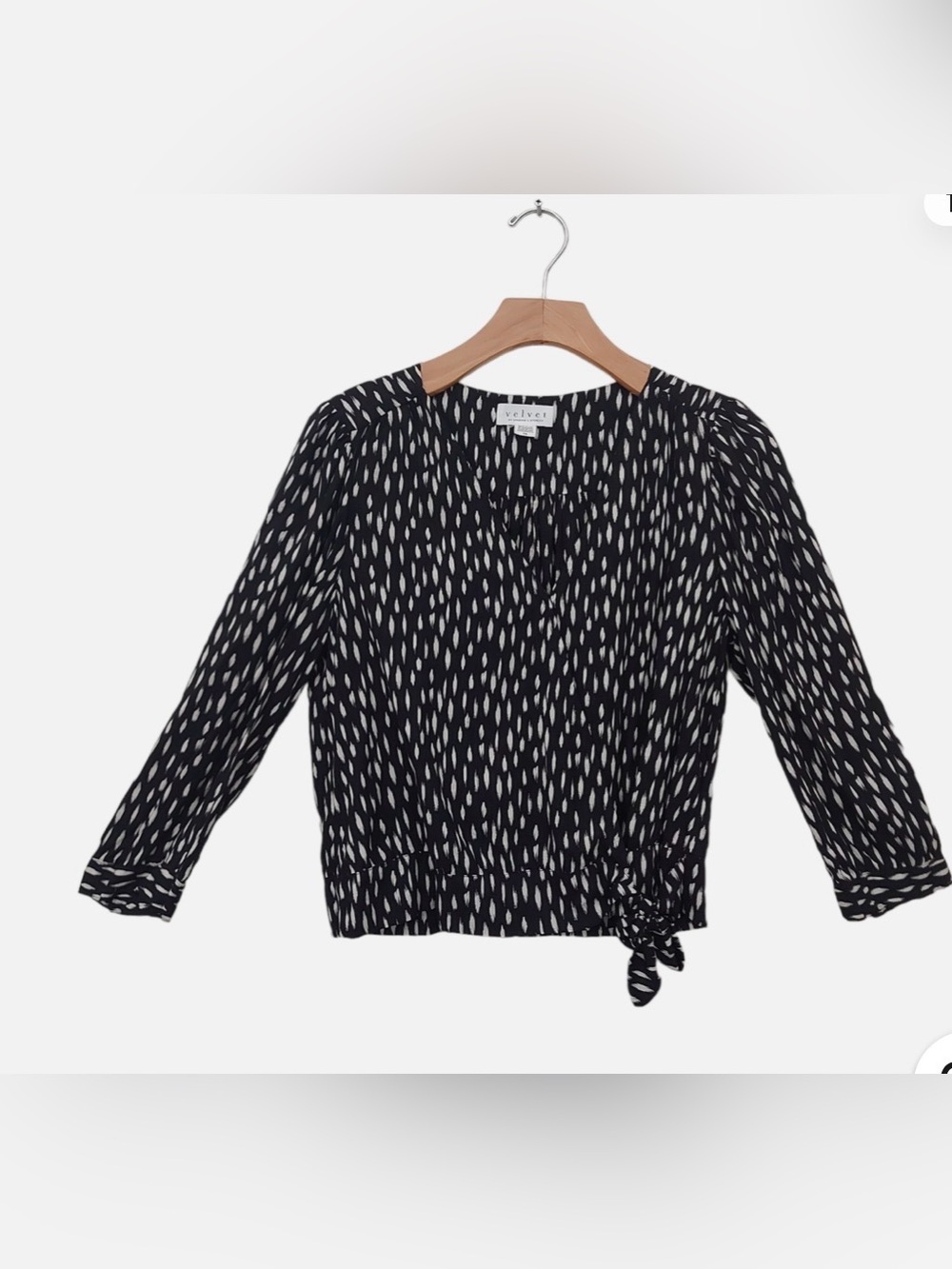 Velvet Black and White Tie-Hem Printed Blouse